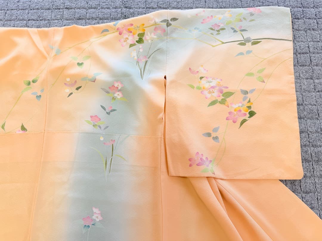 高級 訪問着 正絹 袷 加賀友禅 落款入り 薄オレンジ色 染め分け 約80万円