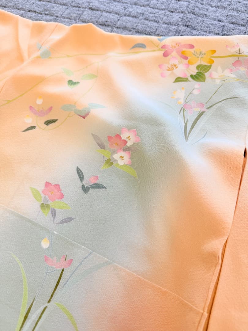 高級 訪問着 正絹 袷 加賀友禅 落款入り 薄オレンジ色 染め分け 約80万円