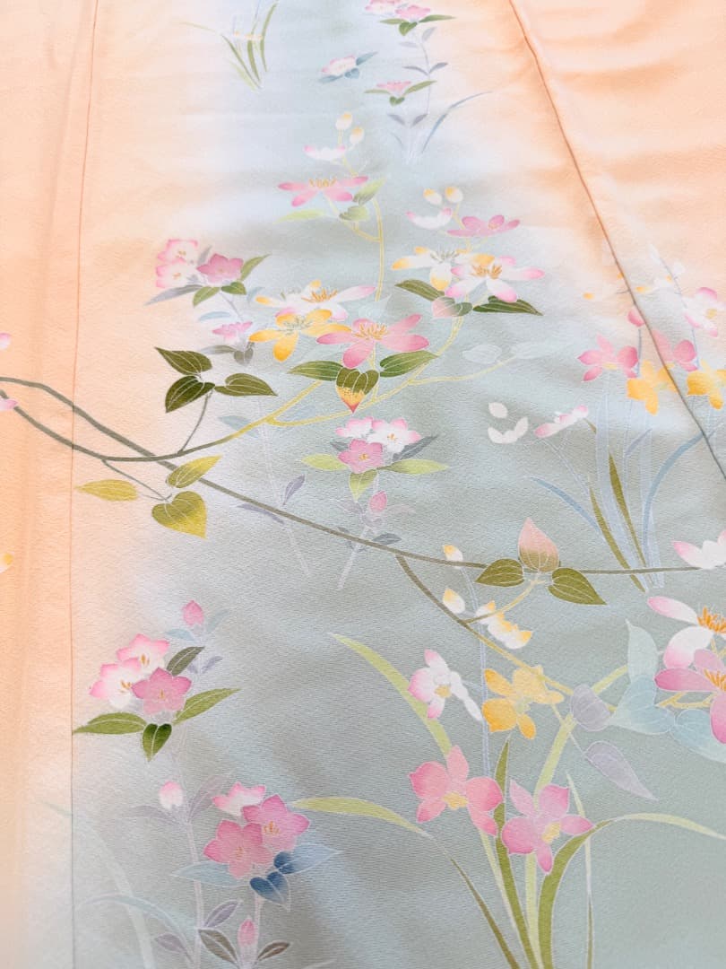 高級 訪問着 正絹 袷 加賀友禅 落款入り 薄オレンジ色 染め分け 約80万円