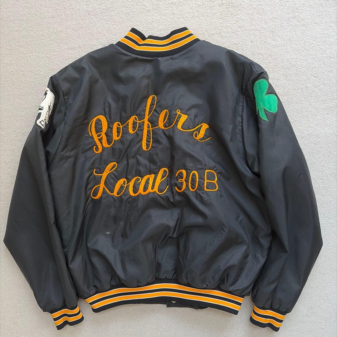 【90s USA製】RENNOC スタジャン L ブラック×オレンジ 刺繍 短丈