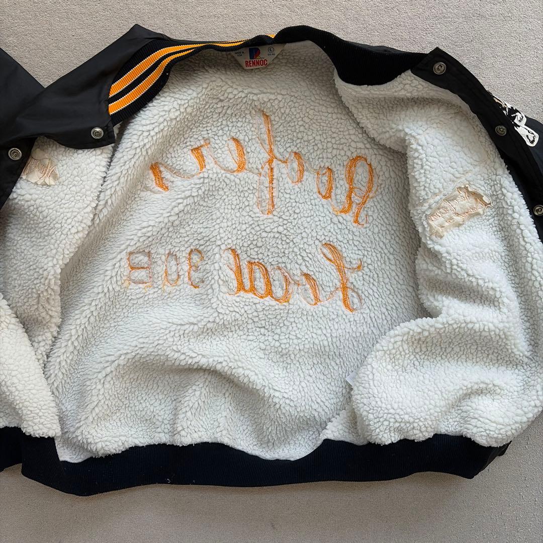 【90s USA製】RENNOC スタジャン L ブラック×オレンジ 刺繍 短丈