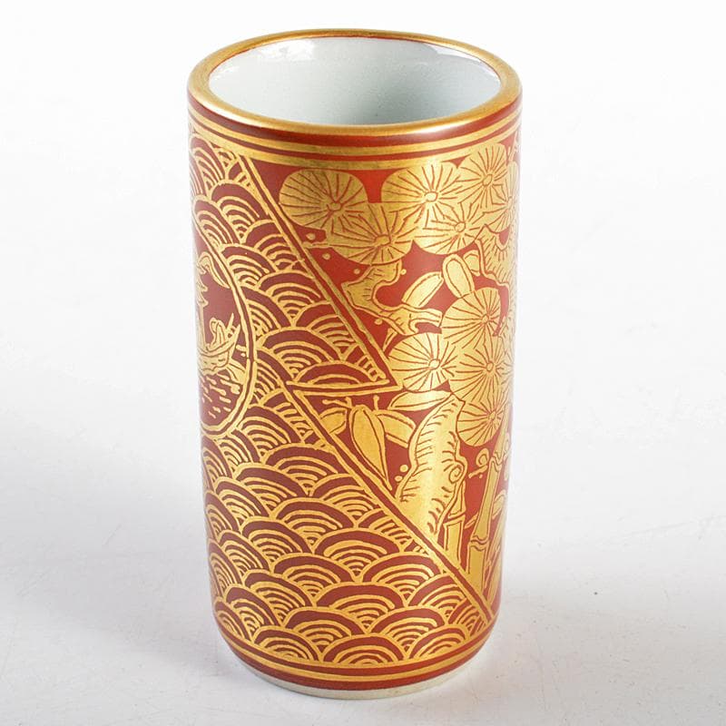 煎茶道具　三浦竹軒作　赤絵金彩　松竹梅文　巾筒　共布共箱　V　R5625