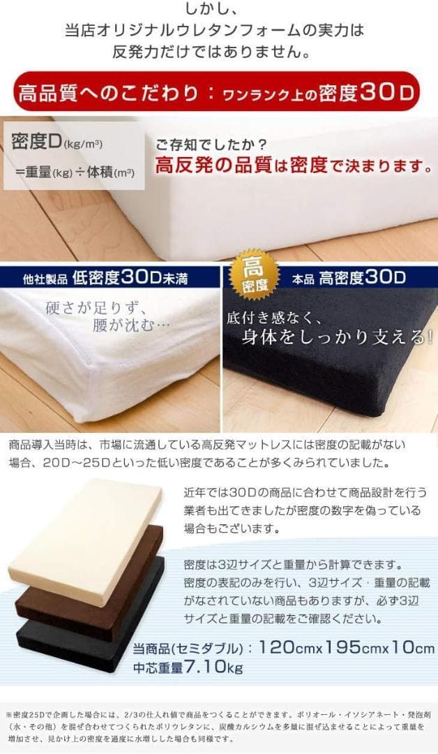 タンスのゲン マットレス セミダブル 厚さ10cm 「純」高反発 高密度30D