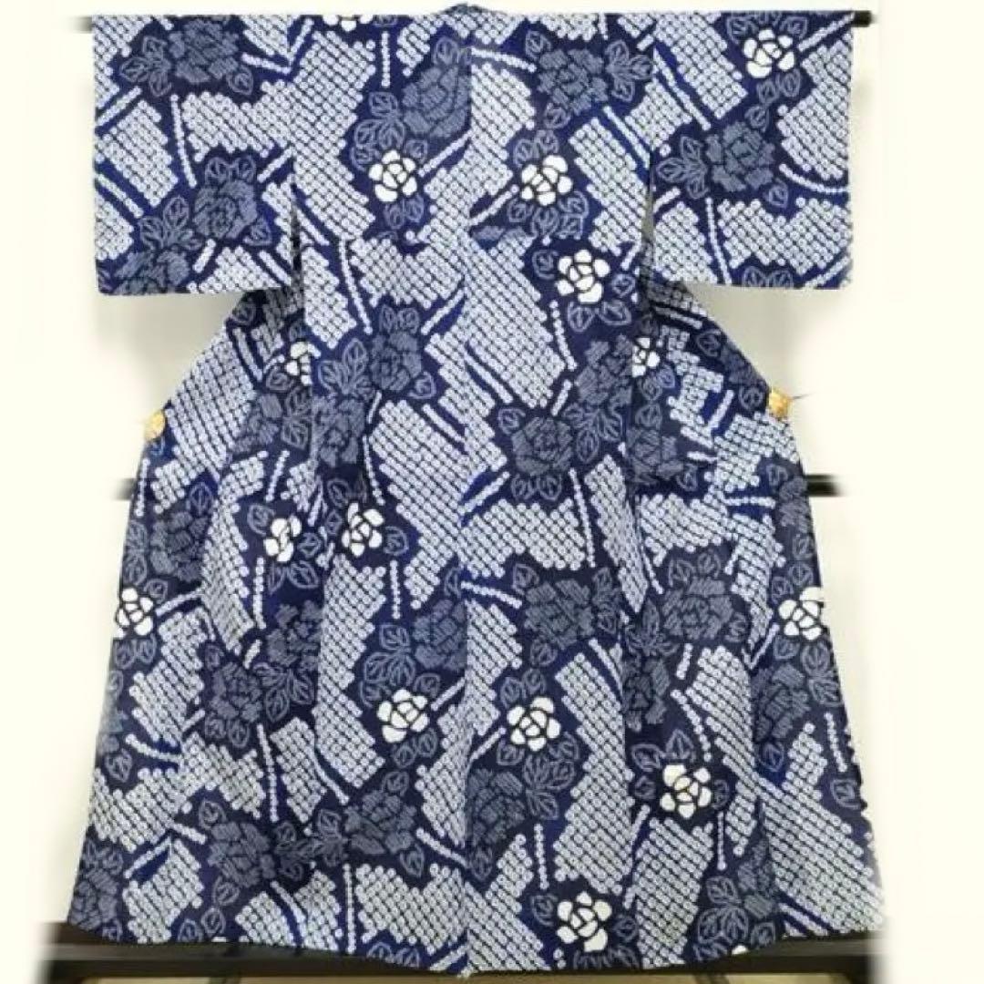 浴衣　有松絞り　綿　草花　有松鳴海絞り　蜘蛛絞り　青　紺　ワントーン