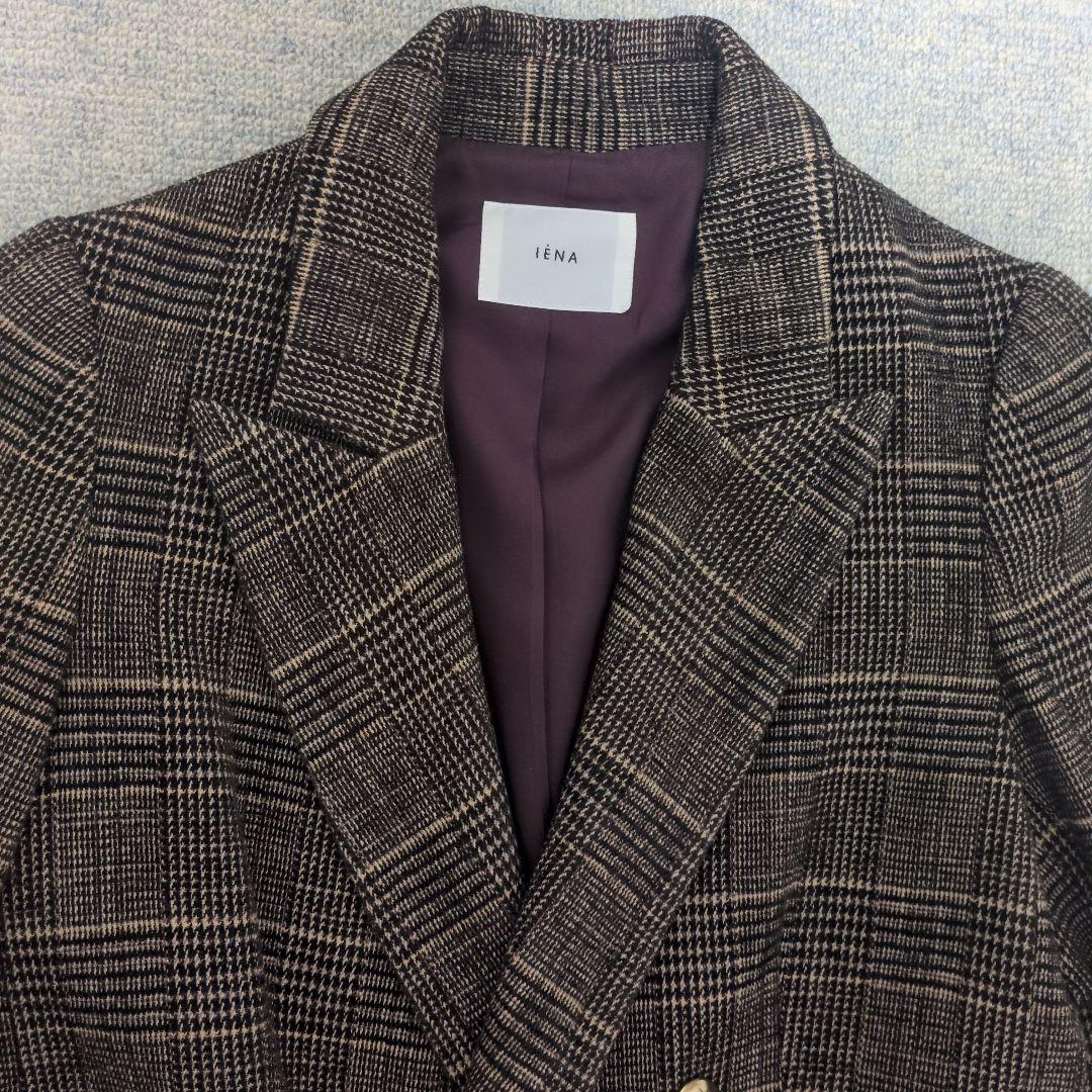 IENA モールチェック ダブルブレストジャケット 金ボタン ブラウン 36