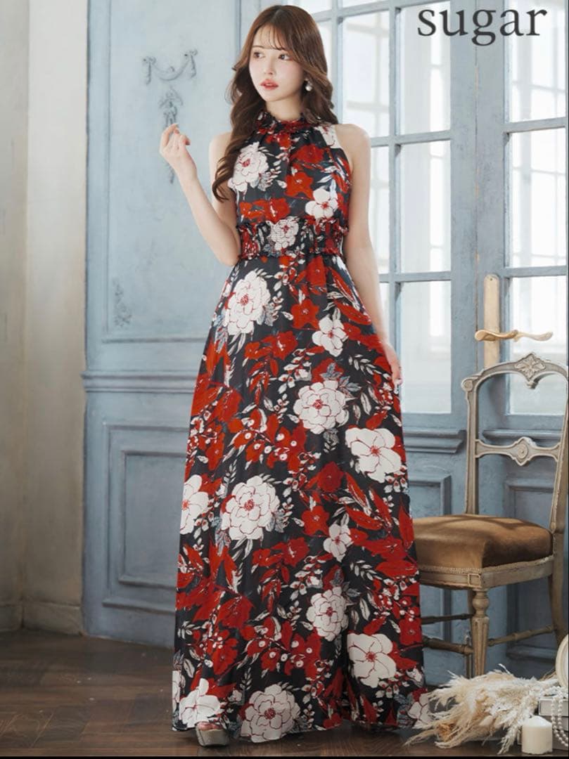 銀座クチュール　フラワープリント　ロングドレス　S