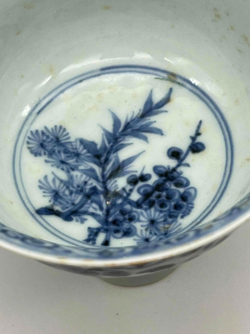 田中 野夫 元時代青花纏枝蓮紋 松竹梅紋三清図高足杯馬上杯酒杯(F-91)