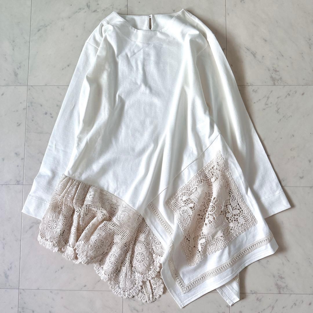 極美品♪ビアズリー レース裏毛チュニック 変形ブラウス 切替 刺繍 近年