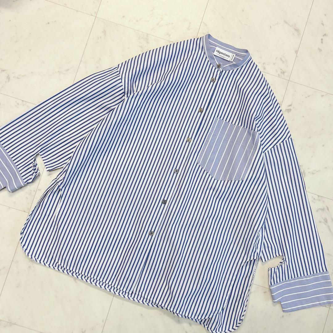 nagonstans ブルーストライプ シャツ バンドカラー M 23ss
