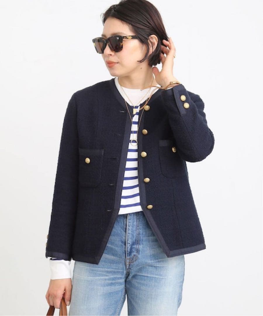 ドゥーズィエムクラス　ネイビーtweed Vネック ジャケット