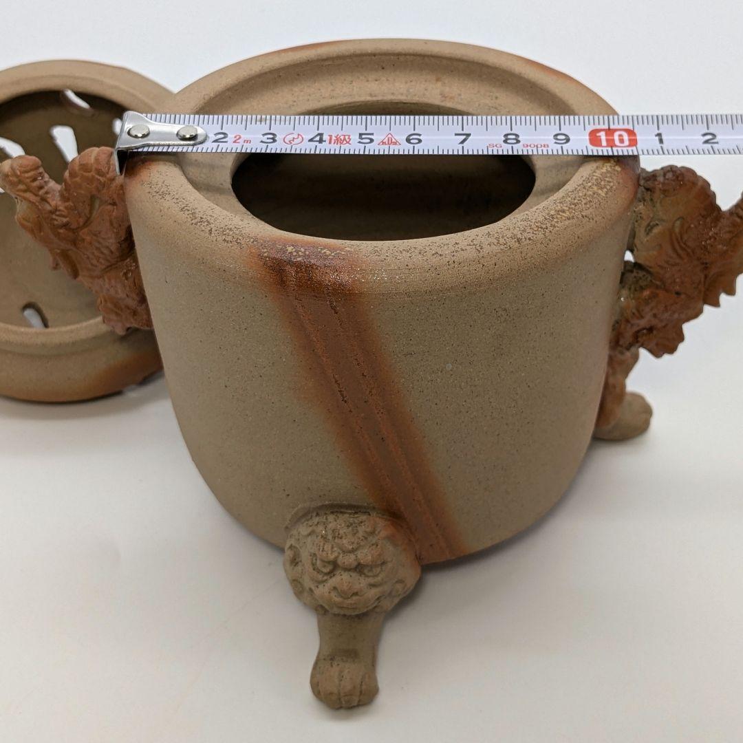 清麻呂窯 備前焼 龍摘緋襷双耳三足香炉 竜 獅子 香道具 茶道具 置物 在銘