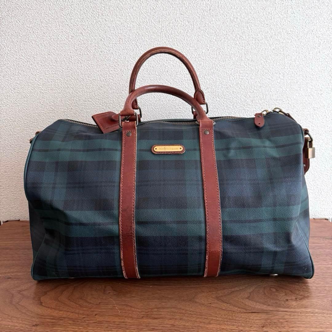 ポロラルフローレン グリーン チェック柄 ボストンバッグ PVC×レザー 旅行鞄