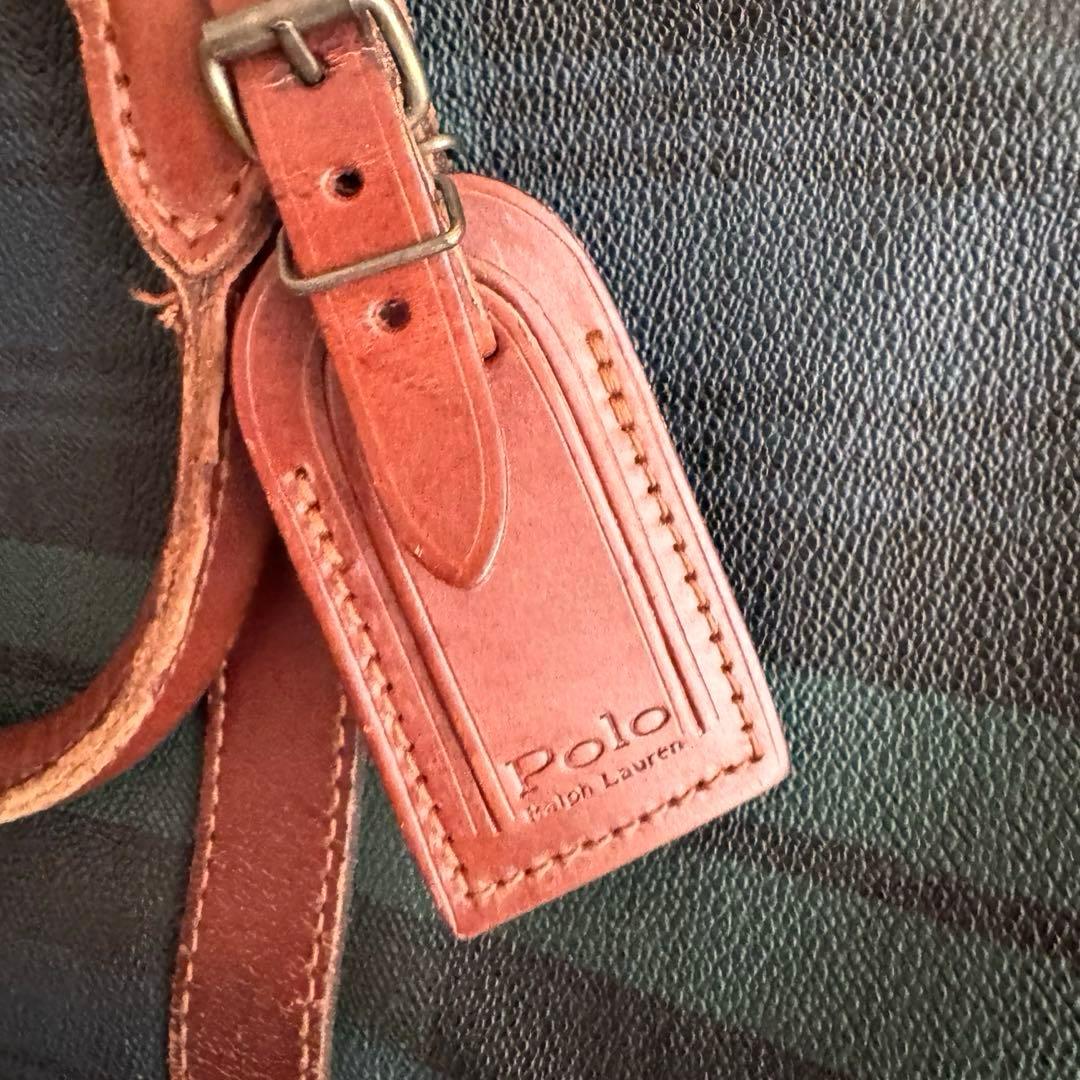 ポロラルフローレン グリーン チェック柄 ボストンバッグ PVC×レザー 旅行鞄