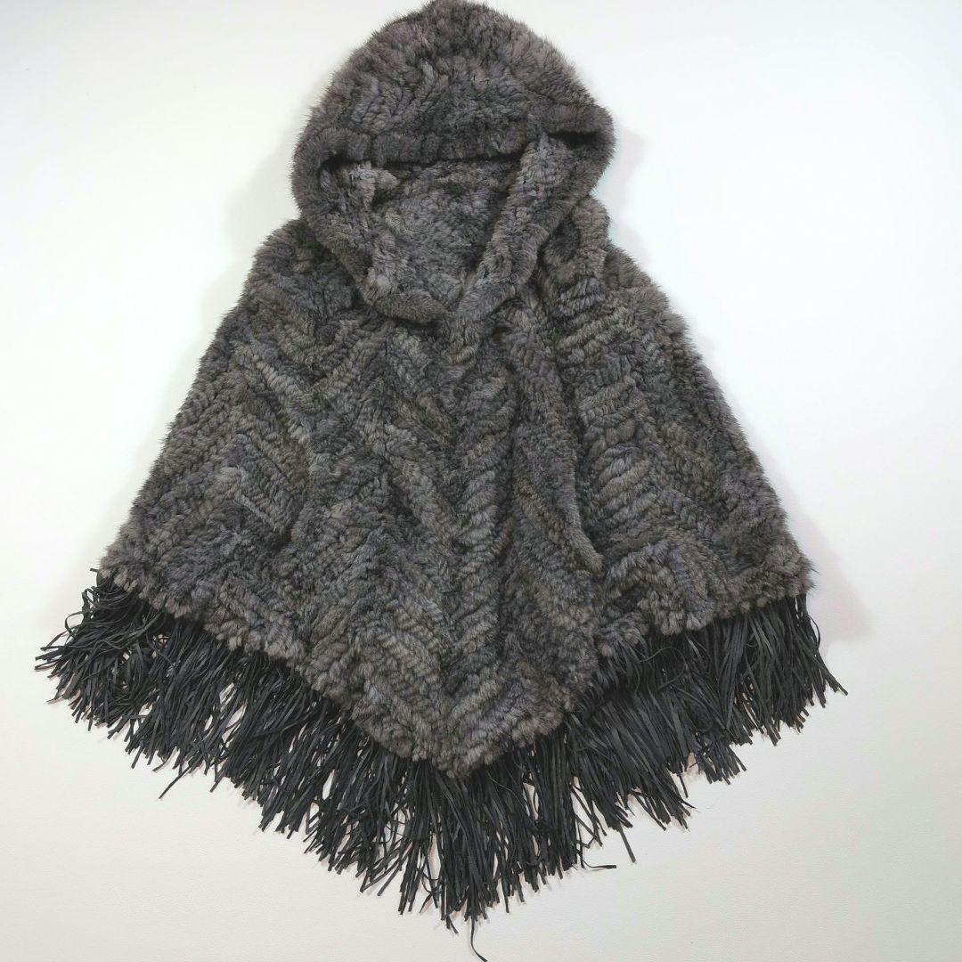 【極美品】ミンクヤーン 　ポンチョ　フード付きミンクファー　羊革フリンジ 毛皮