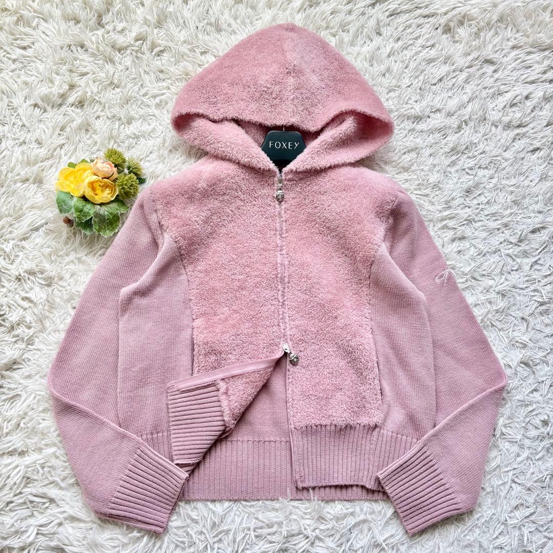 極美品♡エムズグレイシー フード付きニットパーカー リボン刺繍 ダブルジップ L
