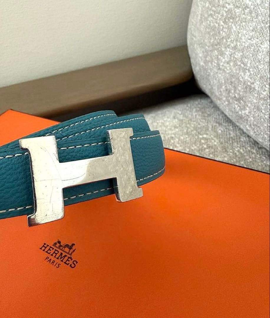 HERMES ブラック ブルー ブラック リバーシブルベルト H字型バックル