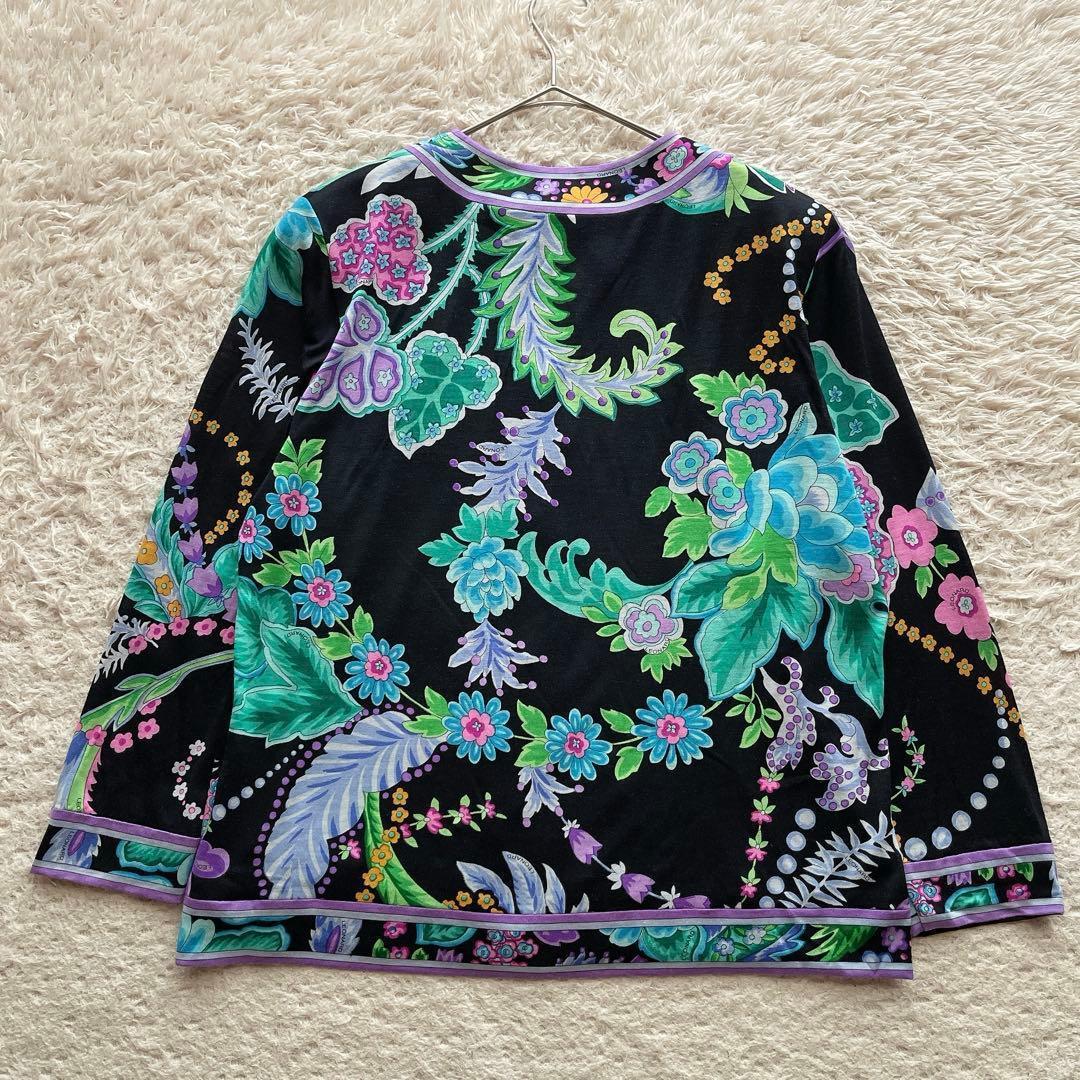 【美品】レオナール カーディガン 花柄 トリム ロゴボタン ウール シルク M