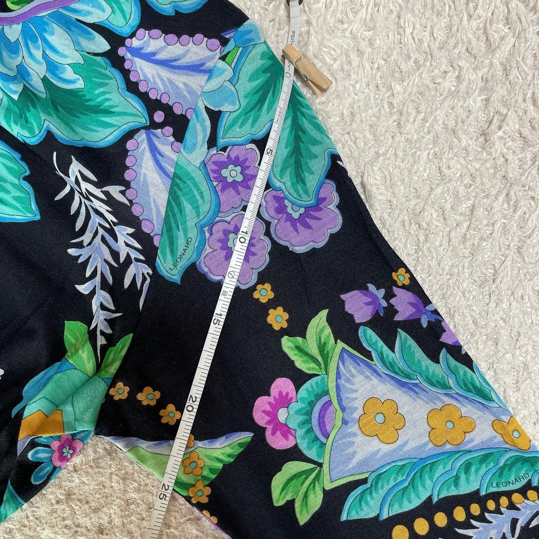 【美品】レオナール カーディガン 花柄 トリム ロゴボタン ウール シルク M