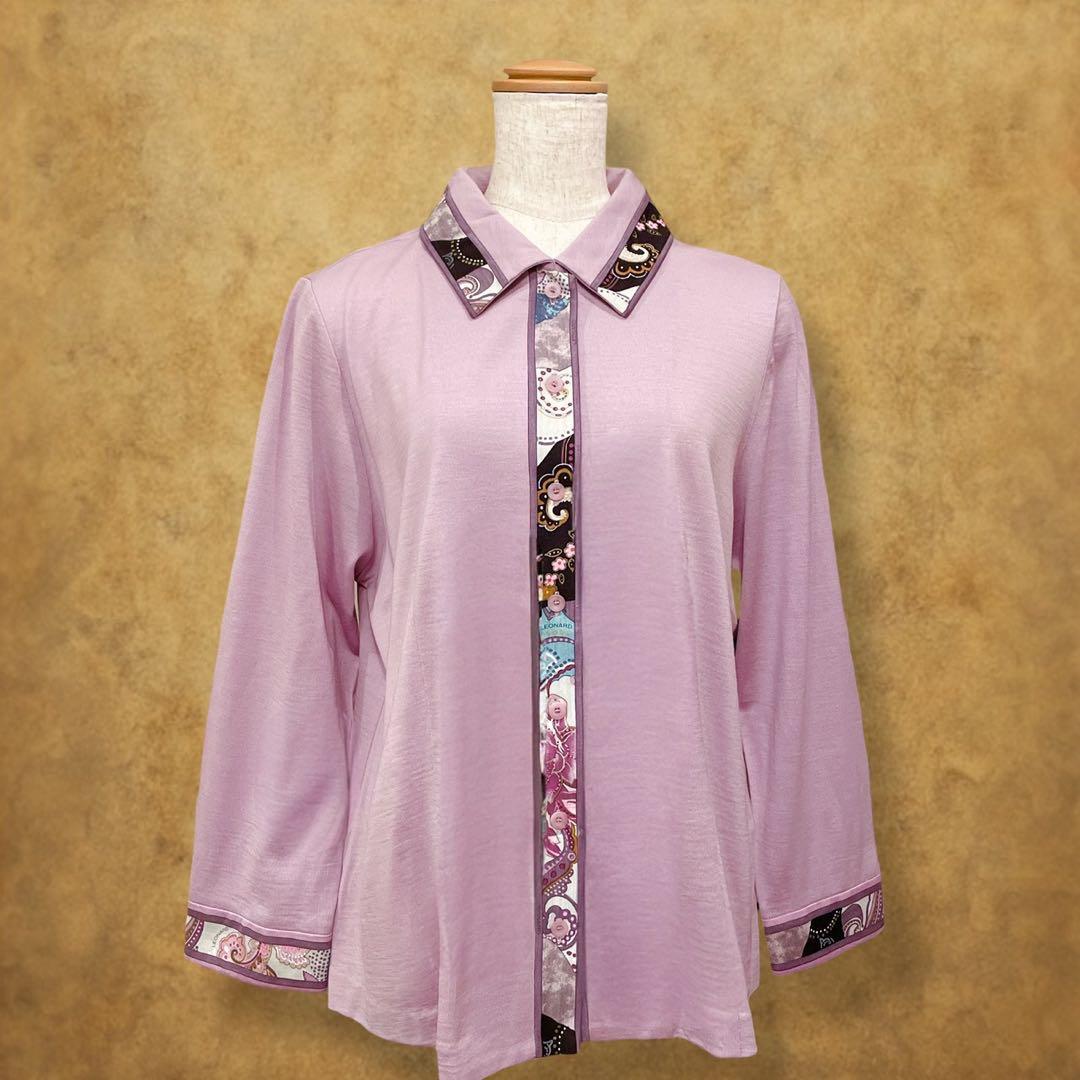 【時巡る】LEONARD 花柄 長袖ポロシャツ 紫系 LL 上品デザイン