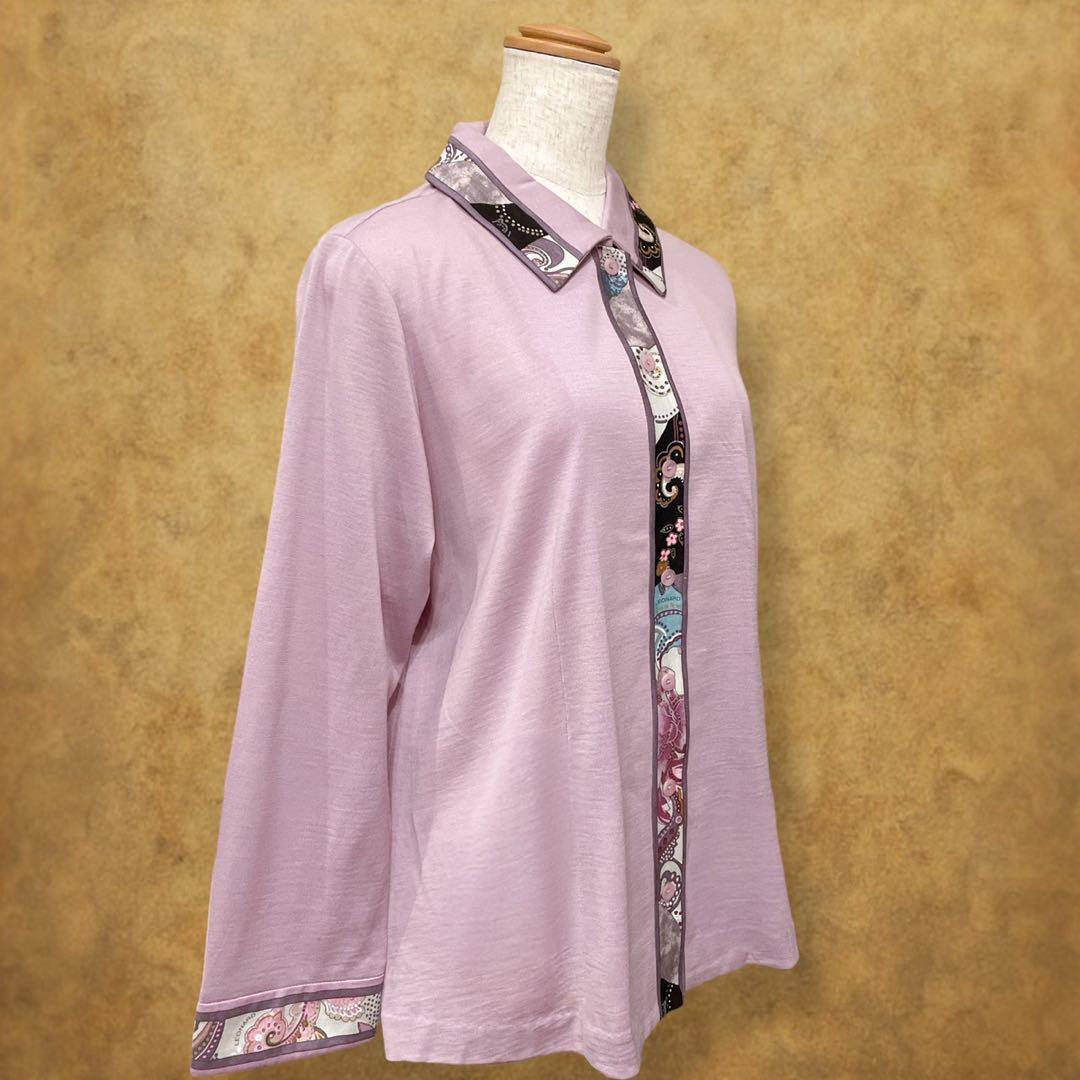 【時巡る】LEONARD 花柄 長袖ポロシャツ 紫系 LL 上品デザイン