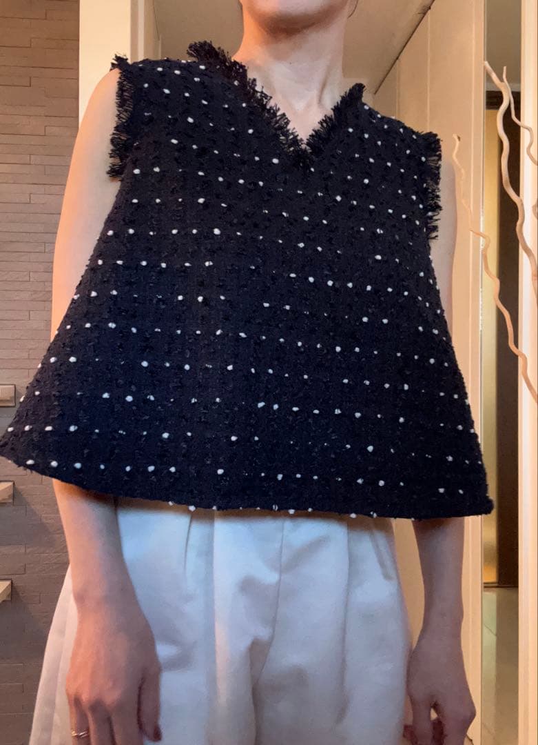 即購入可能です☆ドットツイードジレ　水玉　ツィード　ネイビー　黒に近い濃紺カラー