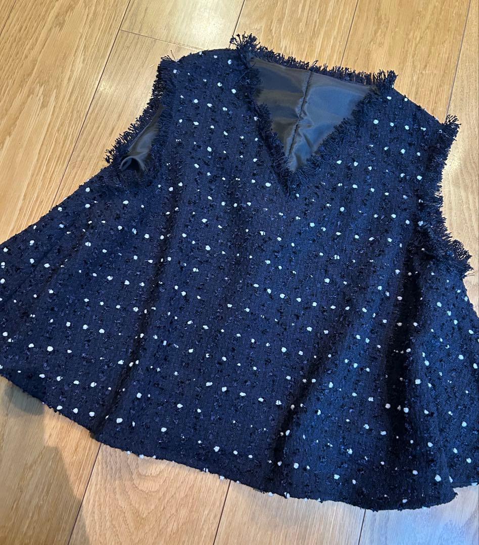 即購入可能です☆ドットツイードジレ　水玉　ツィード　ネイビー　黒に近い濃紺カラー