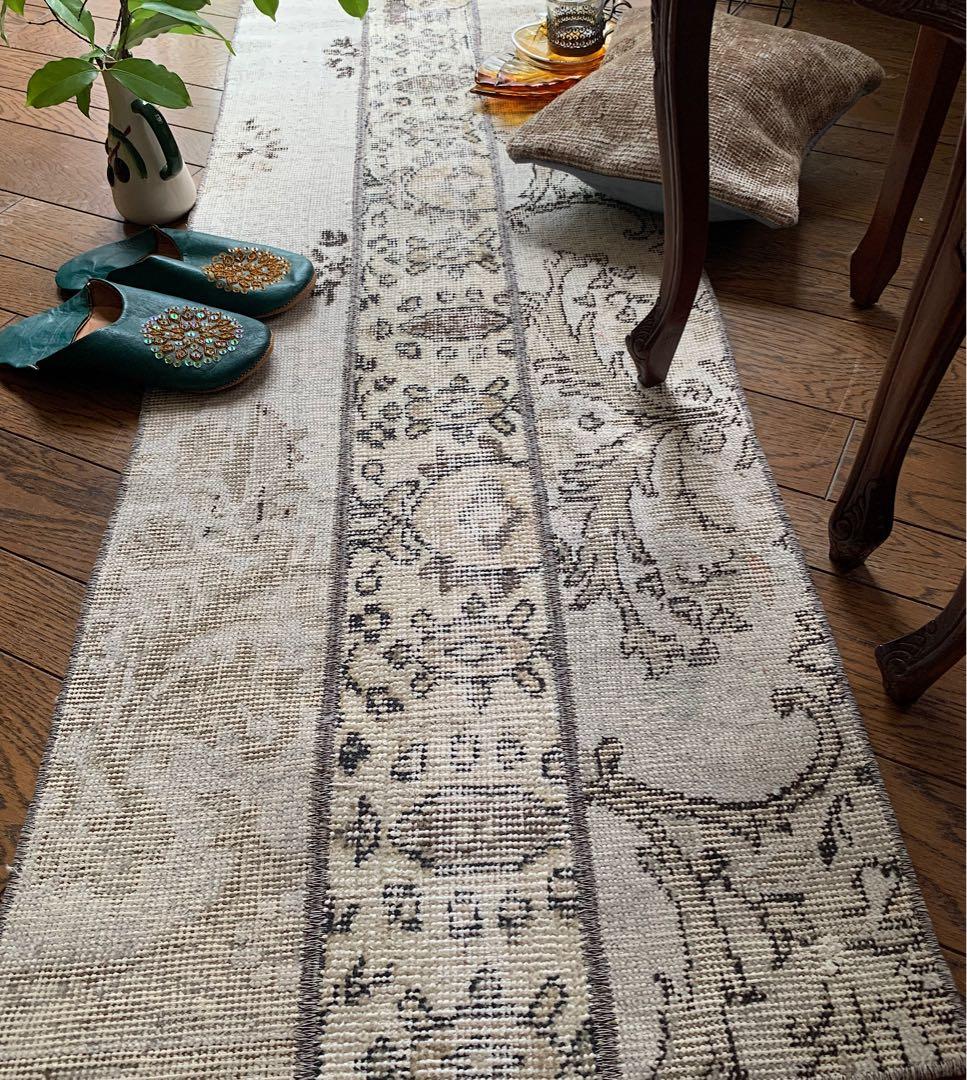 トルコヴィンテージラグ　ランナー　147×51アイボリー　グレージュ　トルコラグ