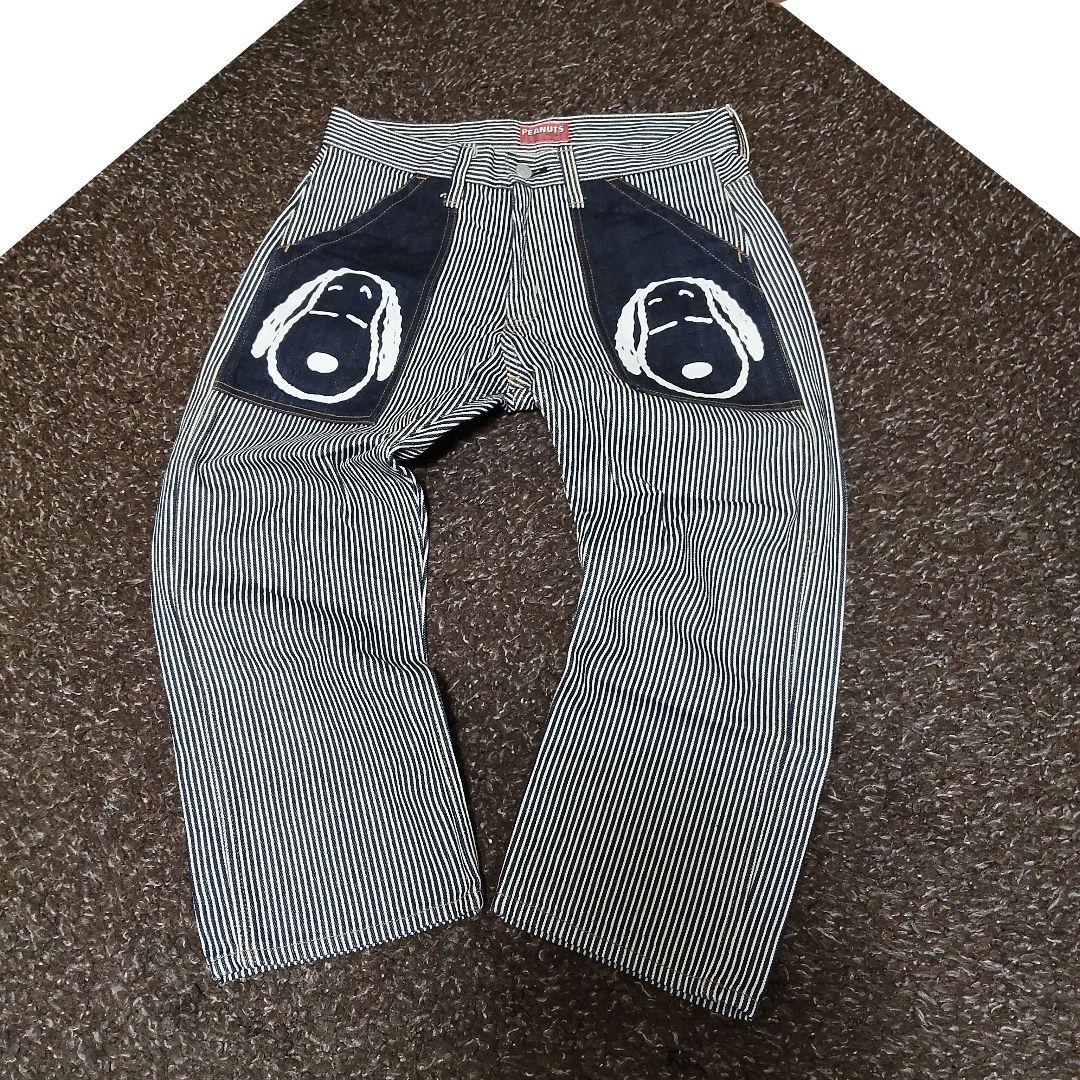 スヌーピー 児島ジーンズ 岡山デニム ヒッコリー デニムパンツ クロップド L