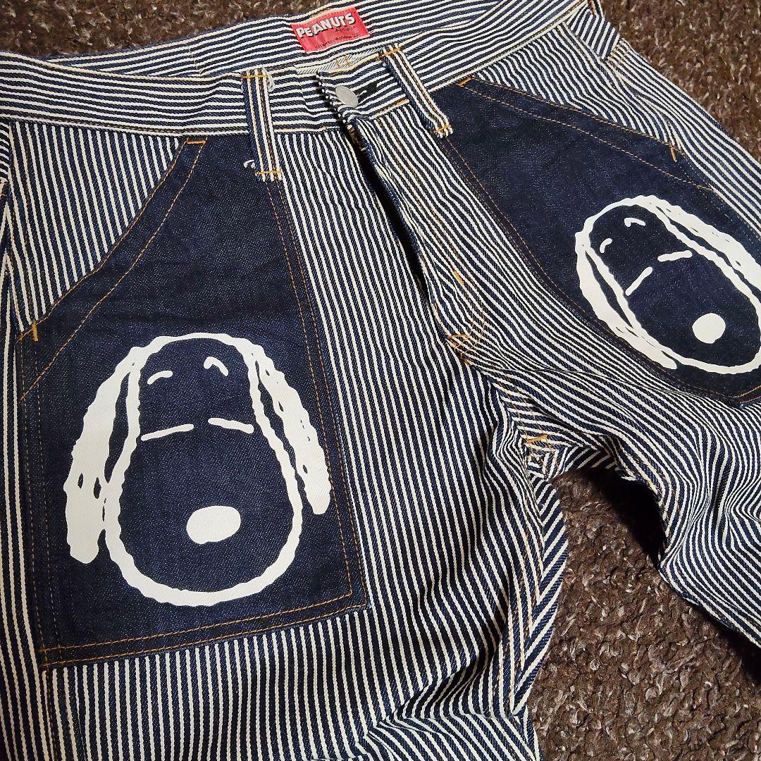 スヌーピー 児島ジーンズ 岡山デニム ヒッコリー デニムパンツ クロップド L