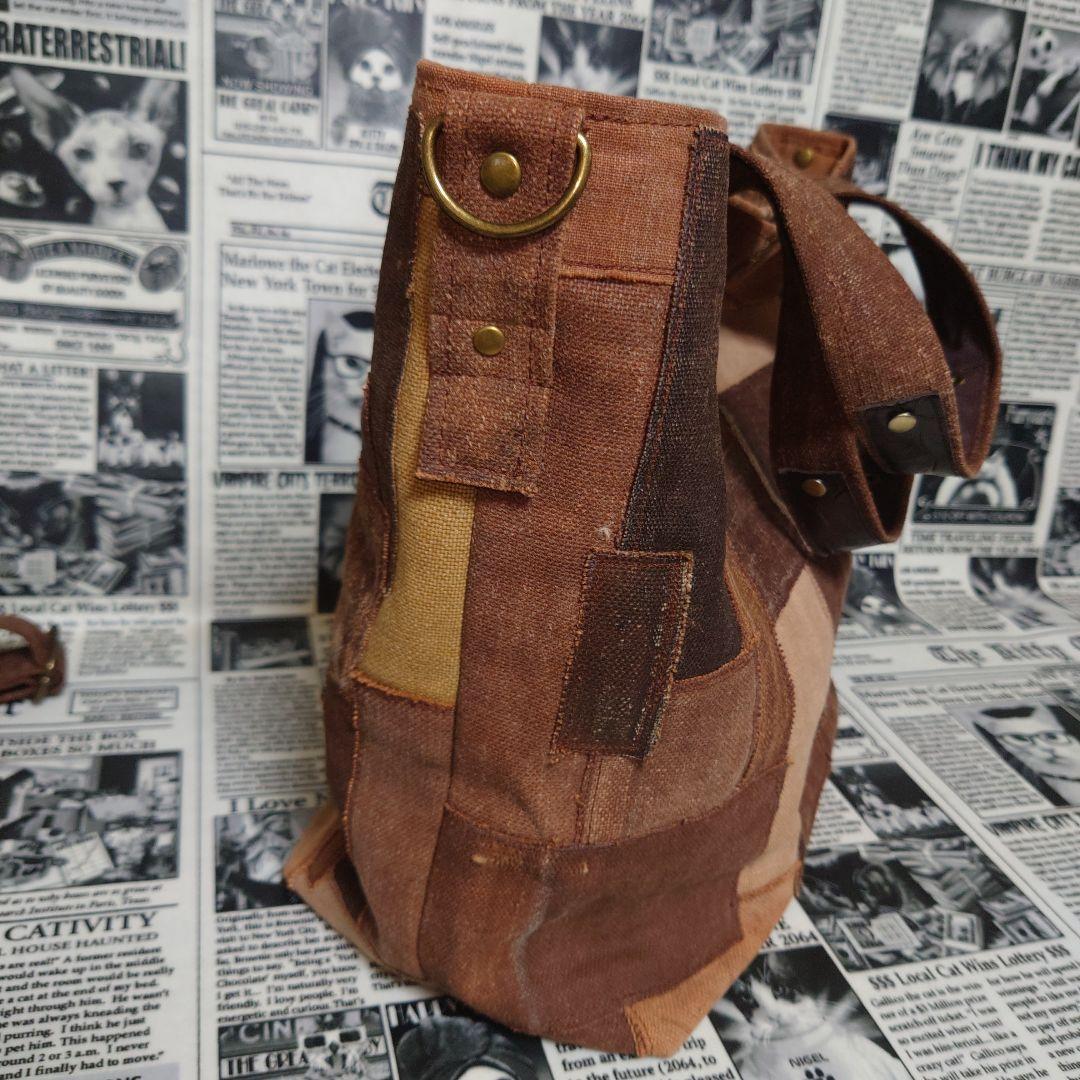 ☬酒袋リメイク☬BIGトートバッグ/カットオフパッチワーク/柿渋染め/古布/襤褸
