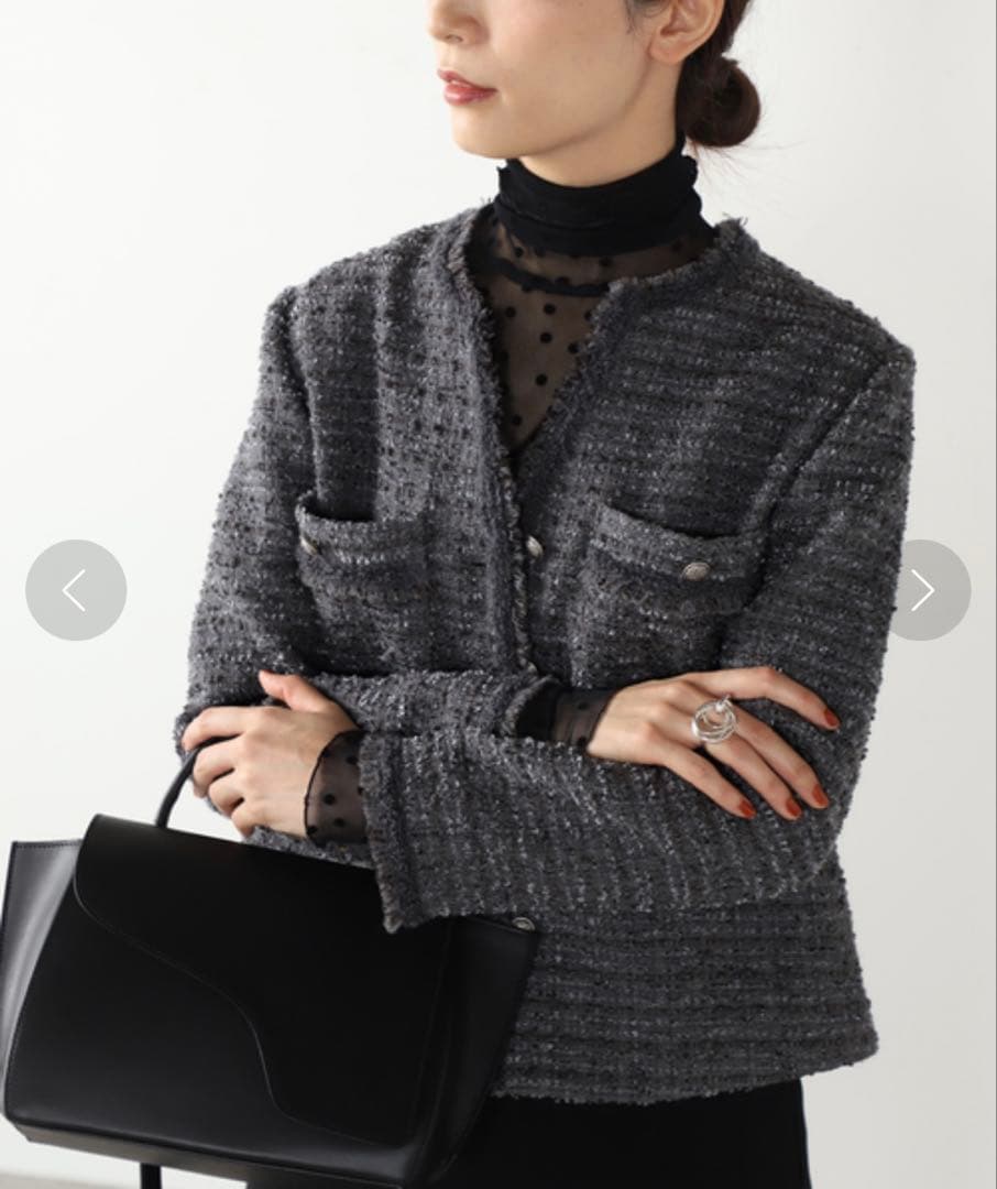 IENA ファンシーツィード ノーカラーフリンジジャケット