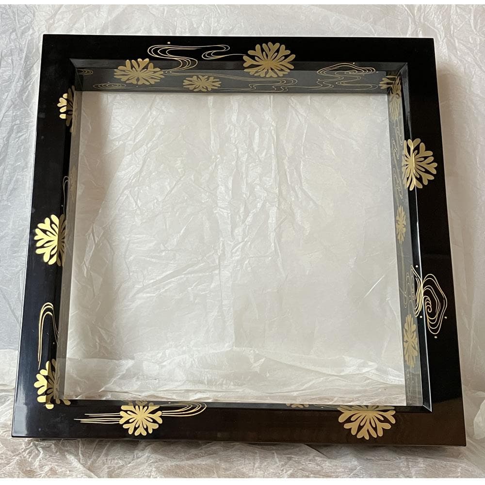 F1260 岡本陽斎 海松波蒔絵 黒塗 炉縁 共箱 茶道具