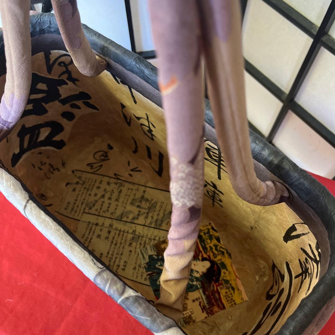 歌麿 浮世絵 美人 一閑張り バッグ かごバッグ ハンドバッグ 正絹 花 特大