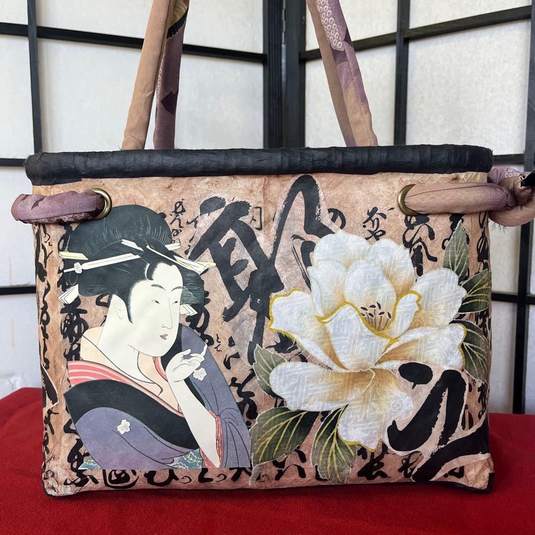 歌麿 浮世絵 美人 一閑張り バッグ かごバッグ ハンドバッグ 正絹 花 特大