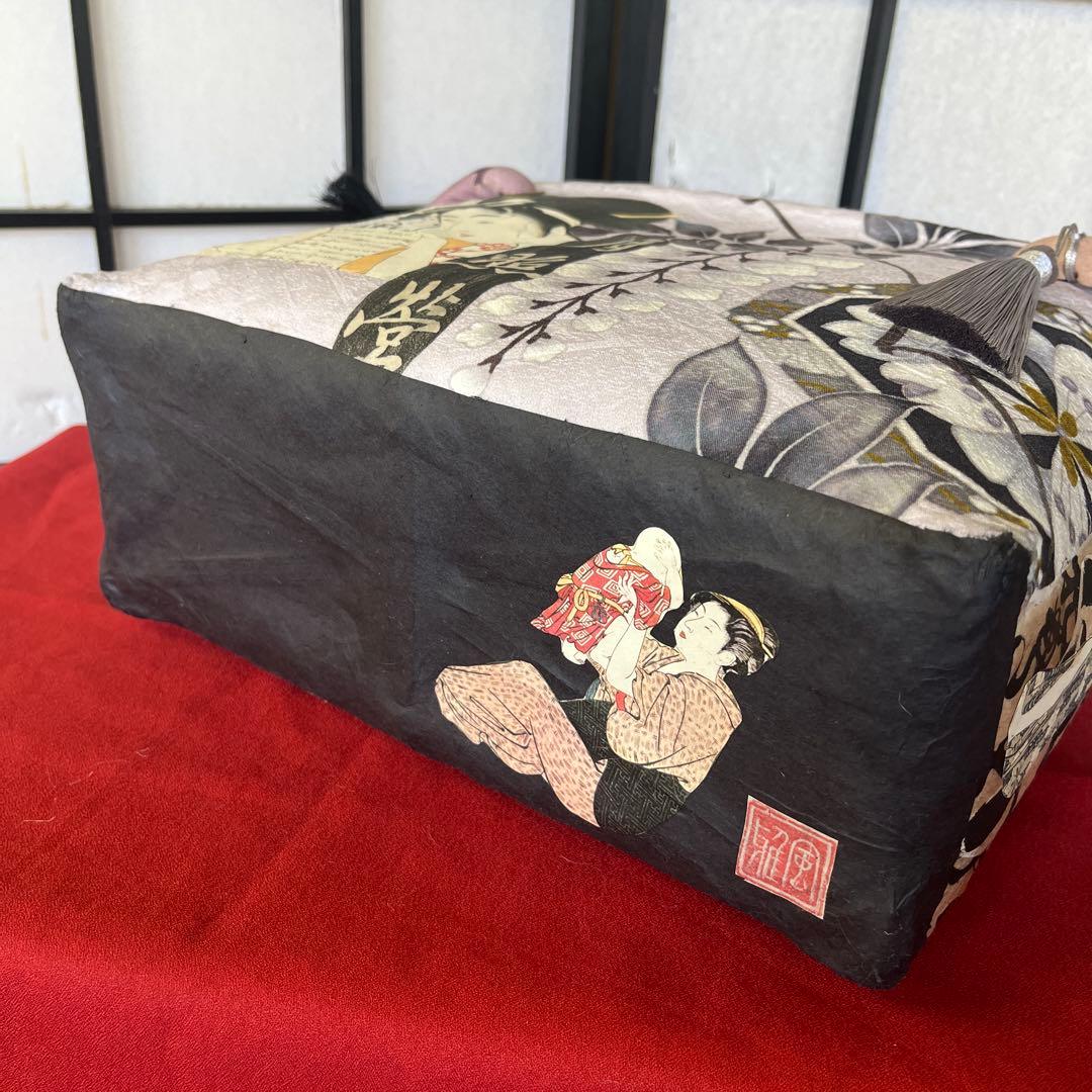 歌麿 浮世絵 美人 一閑張り バッグ かごバッグ ハンドバッグ 正絹 花 特大