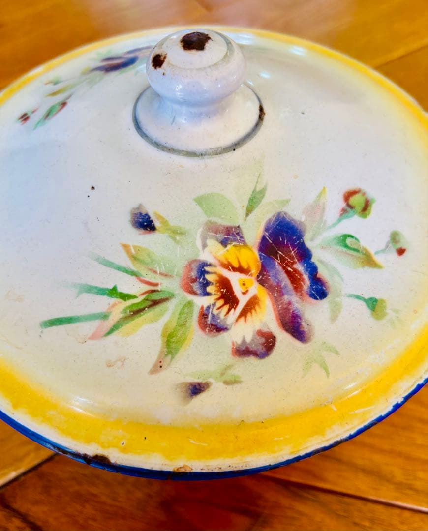 フランスアンティーク ホーロー パンジーの小さなお鍋 イエロー