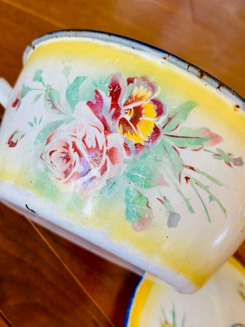 フランスアンティーク ホーロー パンジーの小さなお鍋 イエロー