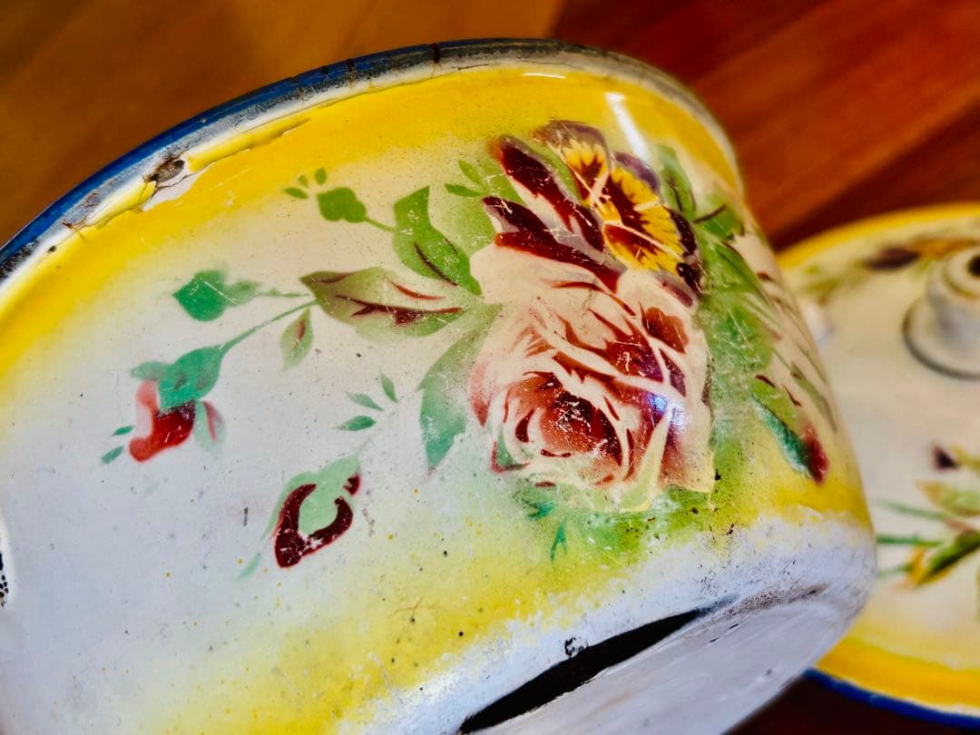 フランスアンティーク ホーロー パンジーの小さなお鍋 イエロー