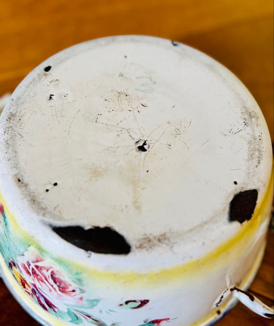 フランスアンティーク ホーロー パンジーの小さなお鍋 イエロー