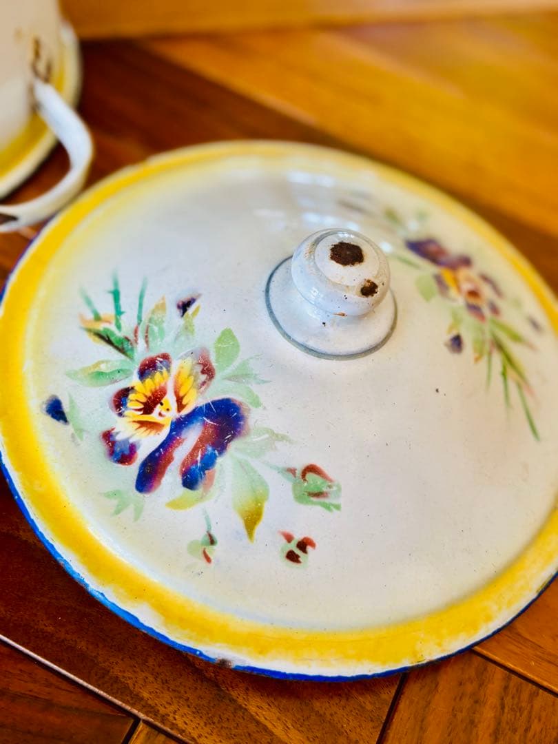 フランスアンティーク ホーロー パンジーの小さなお鍋 イエロー