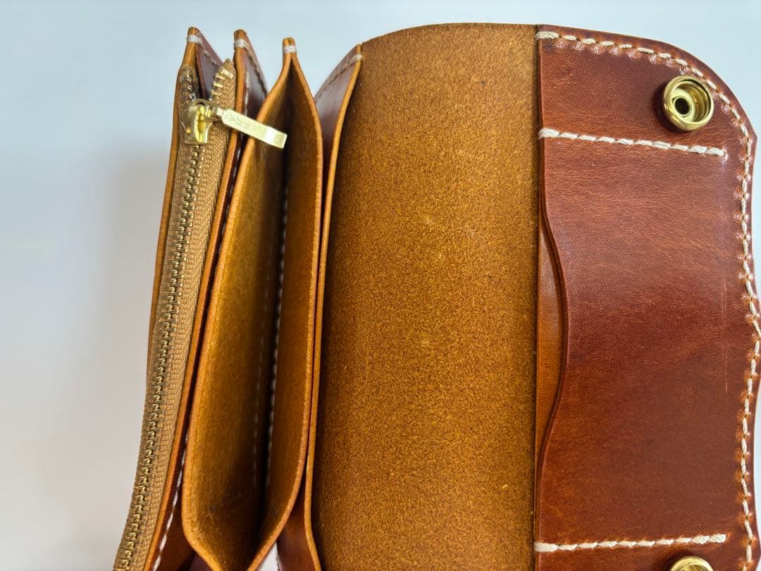 キャメル　ヌメ革　トラッカーウォレット　三層　真鍮　レザークラフト