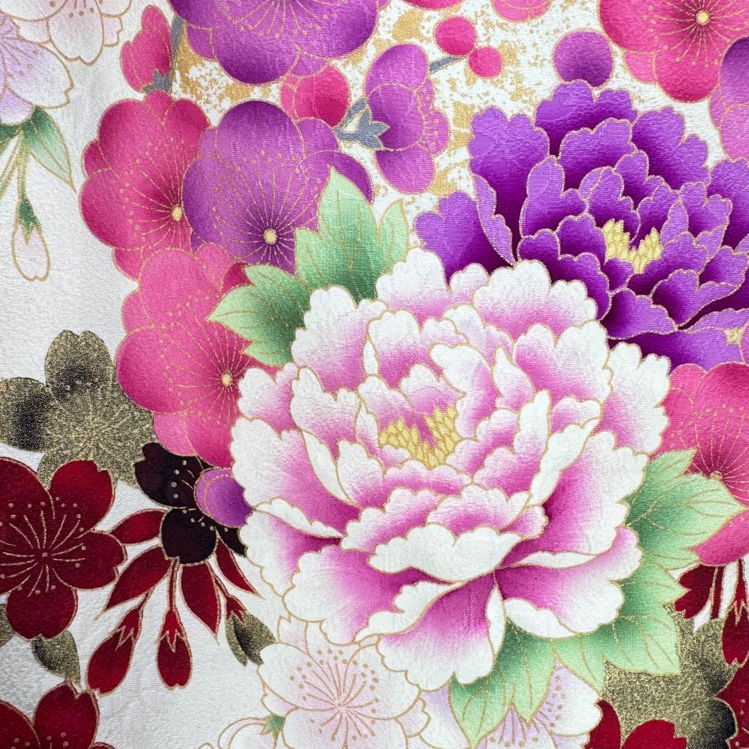 振袖8点フルセット　豪華絢爛 花丸文 桜 牡丹 刺繍 金彩　正絹　ショール付