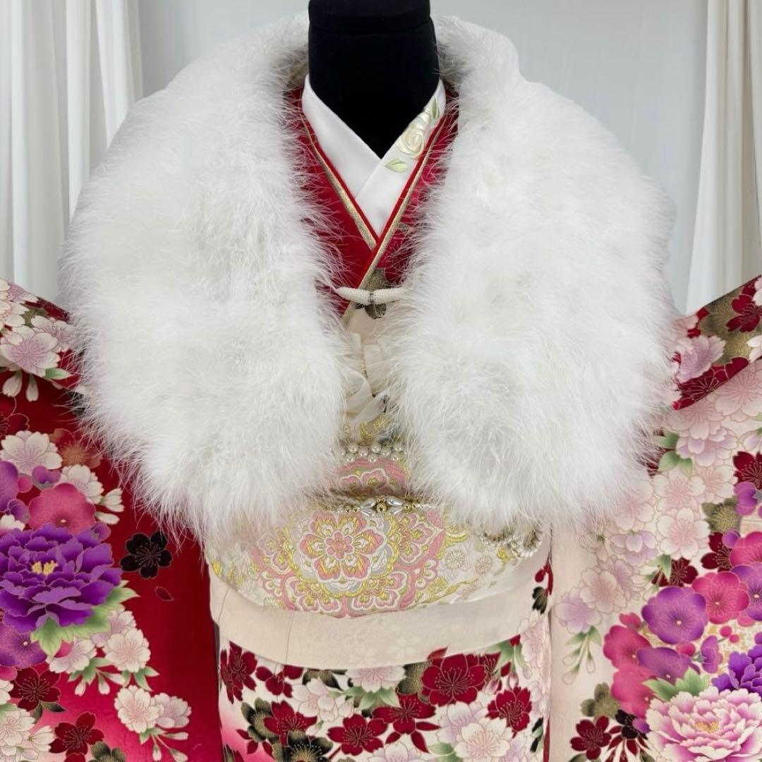 振袖8点フルセット　豪華絢爛 花丸文 桜 牡丹 刺繍 金彩　正絹　ショール付