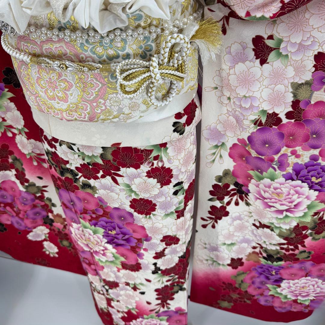 振袖8点フルセット　豪華絢爛 花丸文 桜 牡丹 刺繍 金彩　正絹　ショール付