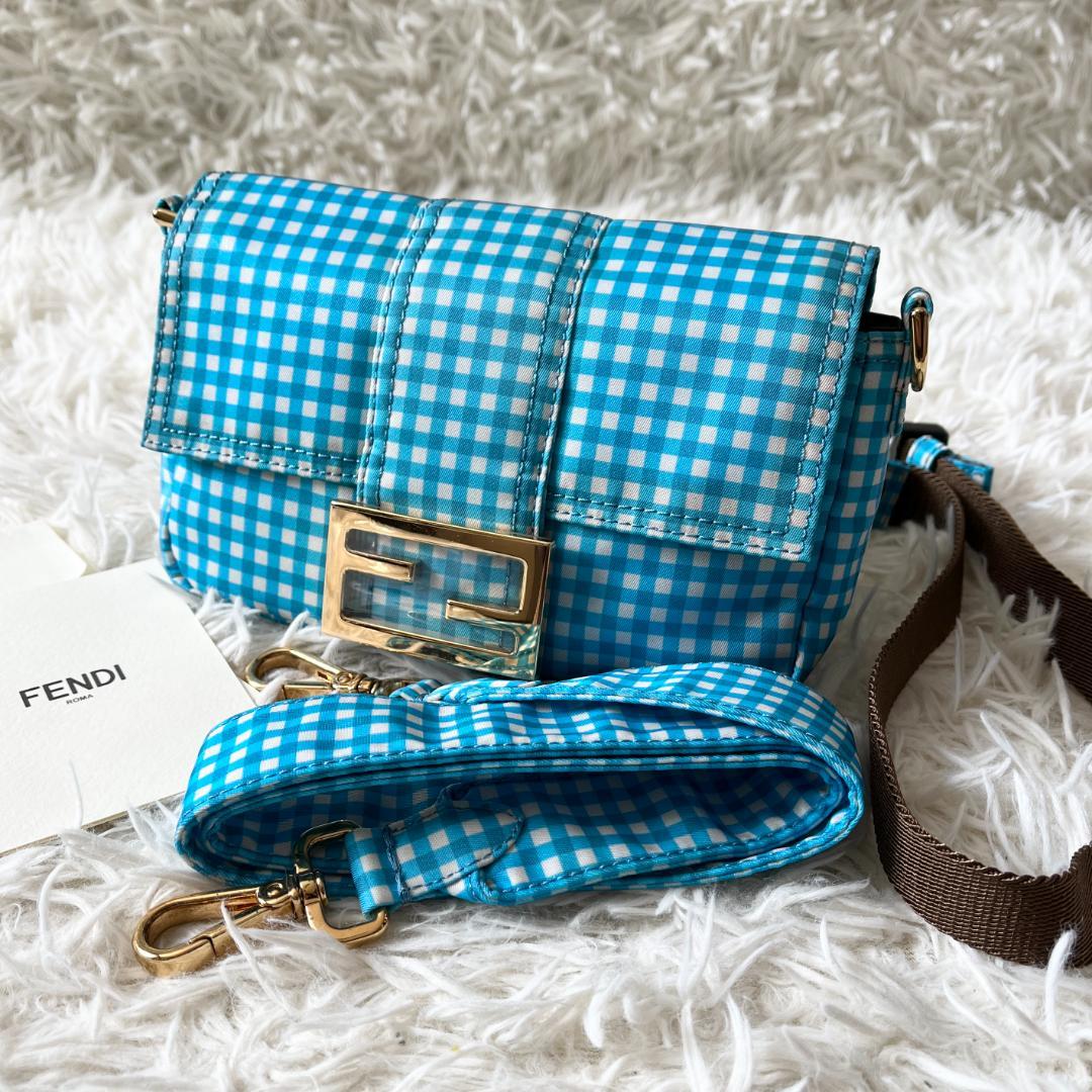 FENDI ウエストバッグ 水色 チェック柄 ショルダーバッグ ライトブルー