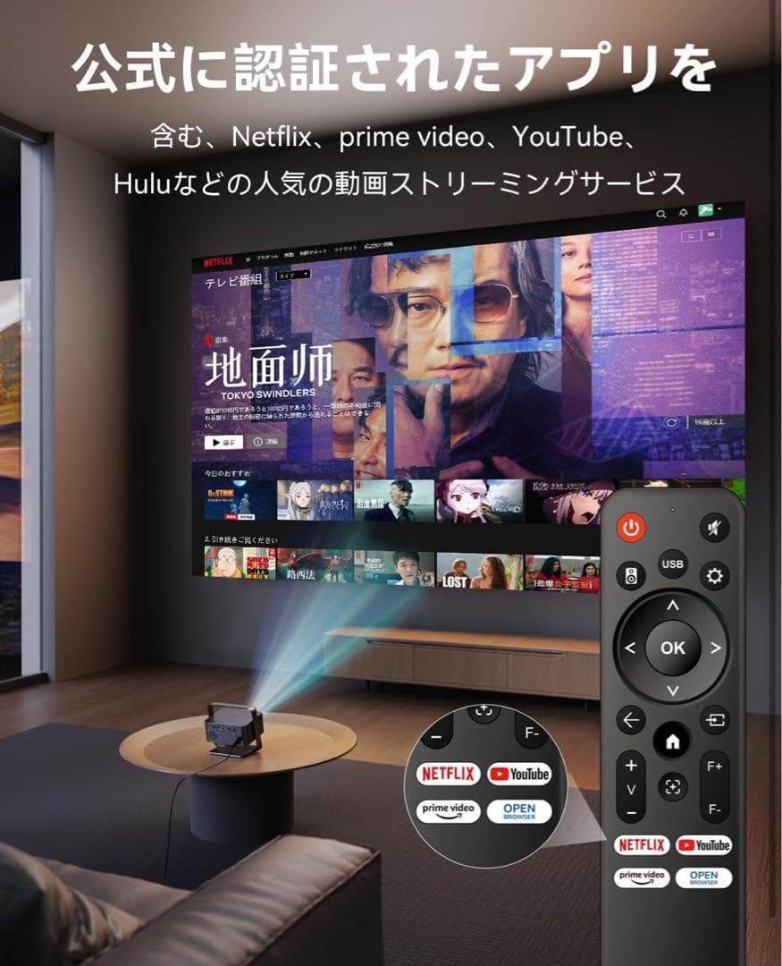 プロジェクター 小型 4K対応 スマホ 1080P 360°回転 Netflix