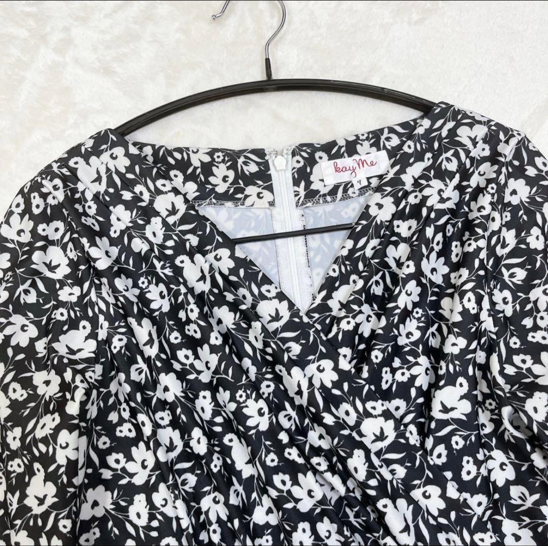 美品✨ケイミー　ワンピース　ハイウエスト　切り替え　花柄　モノトーン