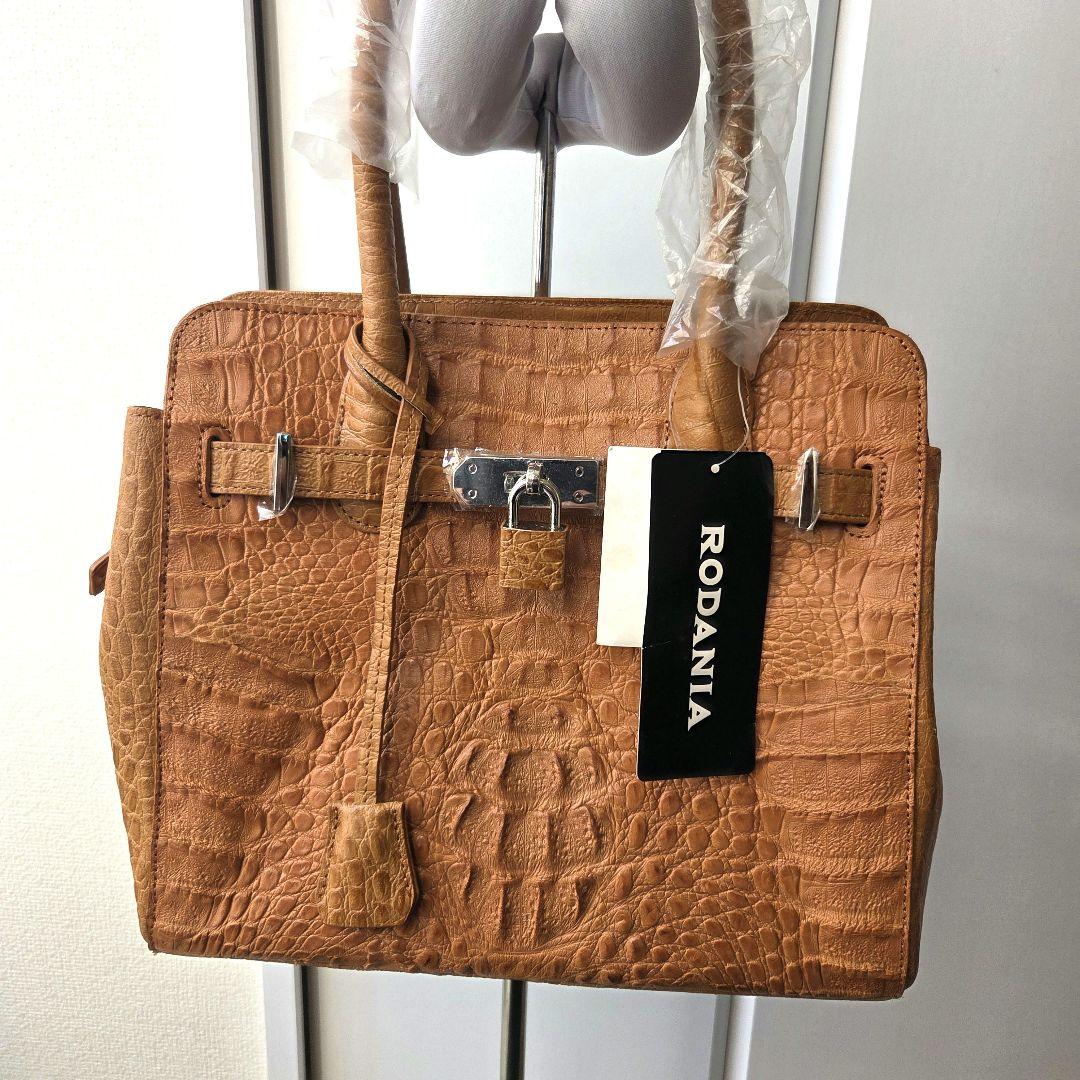 【未使用】RODANIA クロコ型押し ハンドバッグ 本革 ブラウン 希少