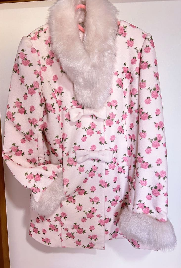 夢展望 ティペット付き 総ローズ柄 おリボン お姫様 ファー コート