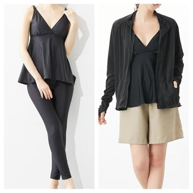 新品☆4L♪黒ラッシュガード・レギンス付♪水着5点セット♪UVカット☆☆D974